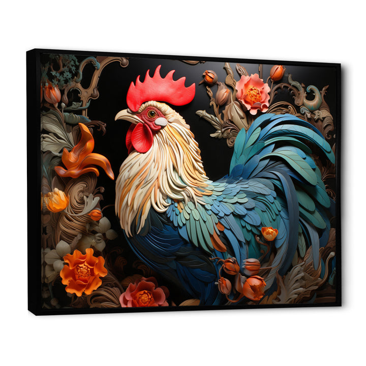Blue Rooster With Orange Flowers - Rooster Canvas Wall Art