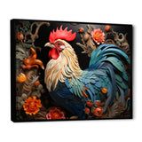 Blue Rooster With Orange Flowers - Rooster Canvas Wall Art