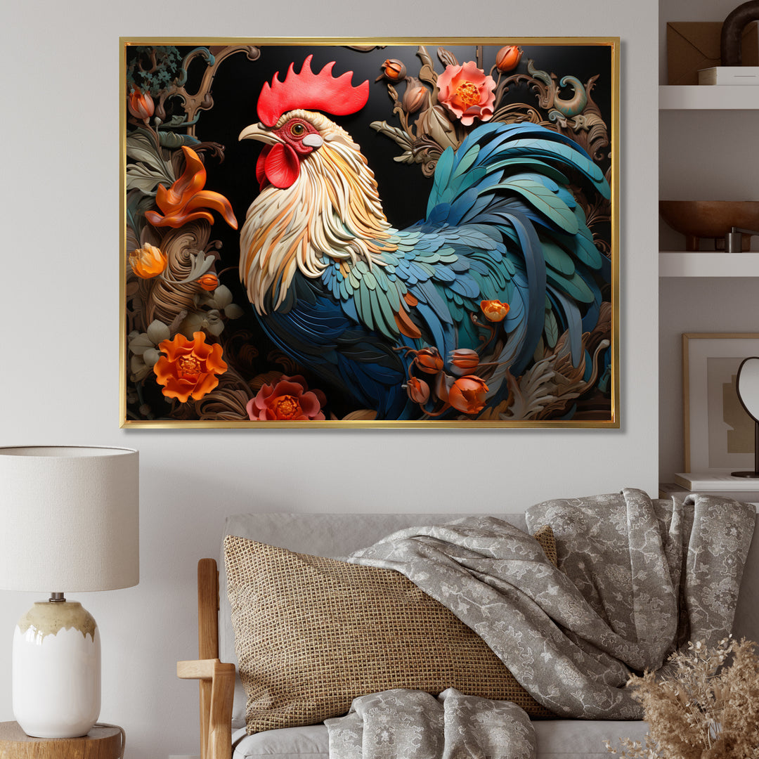 Blue Rooster With Orange Flowers - Rooster Canvas Wall Art