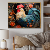 Blue Rooster With Orange Flowers - Rooster Canvas Wall Art