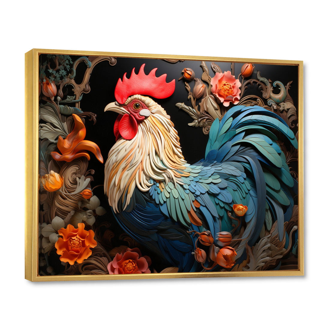 Blue Rooster With Orange Flowers - Rooster Canvas Wall Art