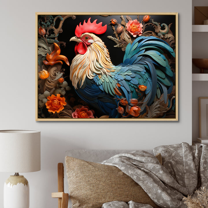 Blue Rooster With Orange Flowers - Rooster Canvas Wall Art