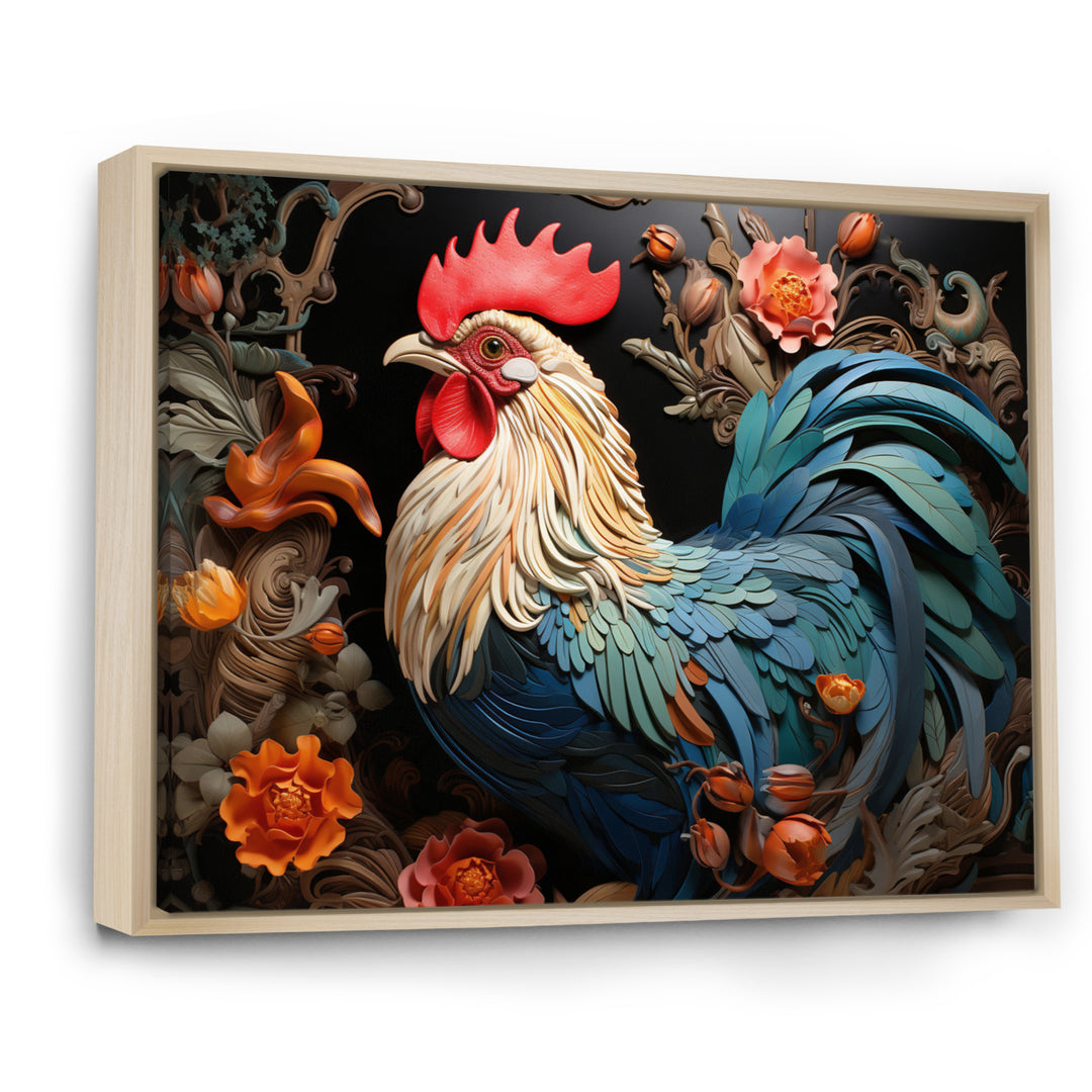 Blue Rooster With Orange Flowers - Rooster Canvas Wall Art