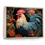 Blue Rooster With Orange Flowers - Rooster Canvas Wall Art