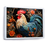 Blue Rooster With Orange Flowers - Rooster Canvas Wall Art