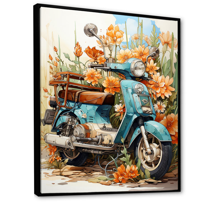 Turquoise Scooter Coastal Flowers - Scooter Canvas Wall Art