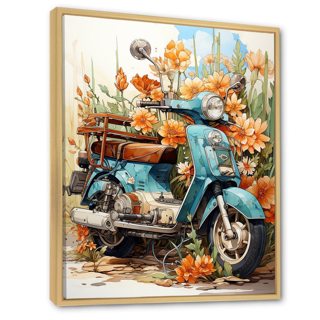 Turquoise Scooter Coastal Flowers - Scooter Canvas Wall Art