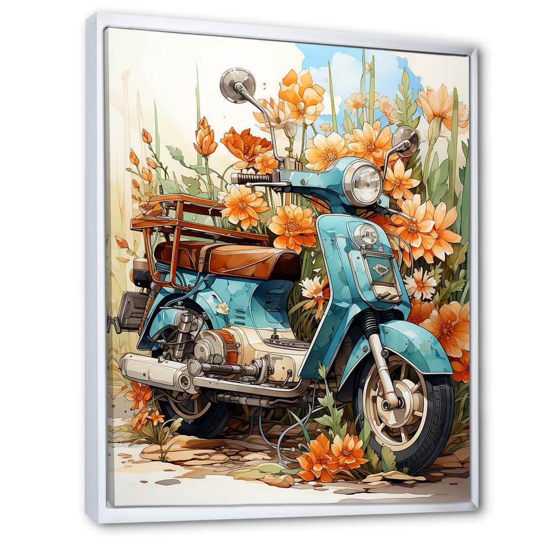 Turquoise Scooter Coastal Flowers - Scooter Canvas Wall Art