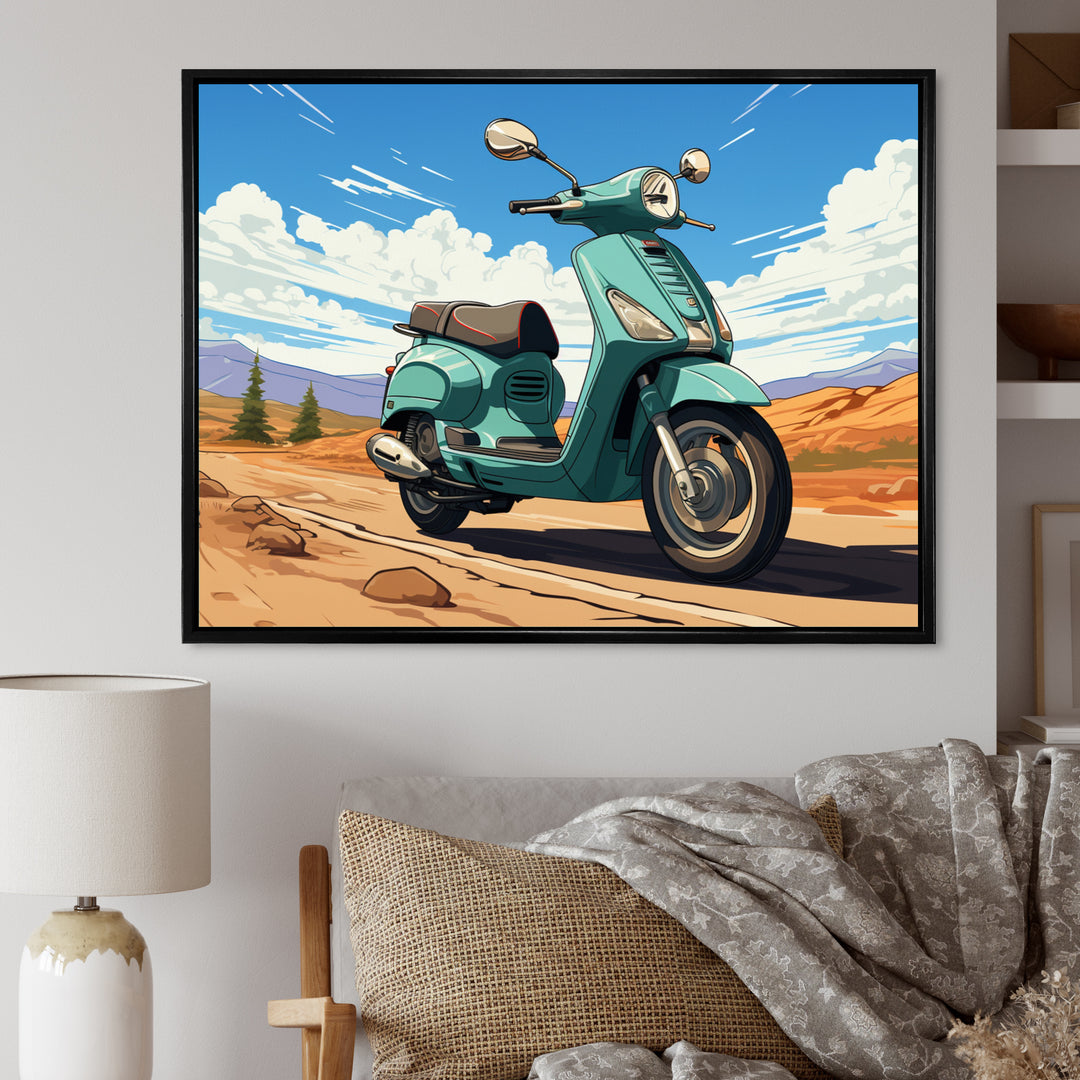 Scooter Retro In Desert Landscape - Scooter Canvas Wall Art