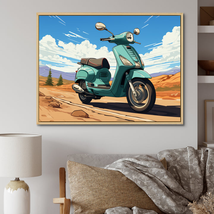 Scooter Retro In Desert Landscape - Scooter Canvas Wall Art