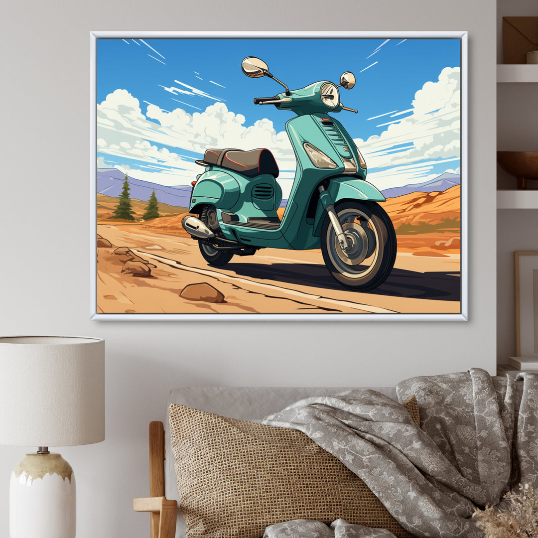 Scooter Retro In Desert Landscape - Scooter Canvas Wall Art