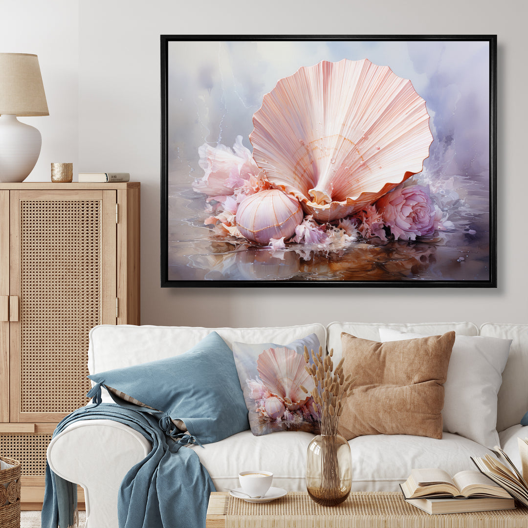 Pink Seashell Serenity - Seashell Framed Canvas Art