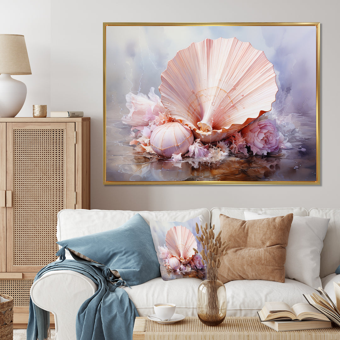 Pink Seashell Serenity - Seashell Framed Canvas Art