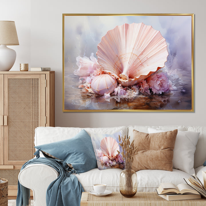 Pink Seashell Serenity - Seashell Framed Canvas Art