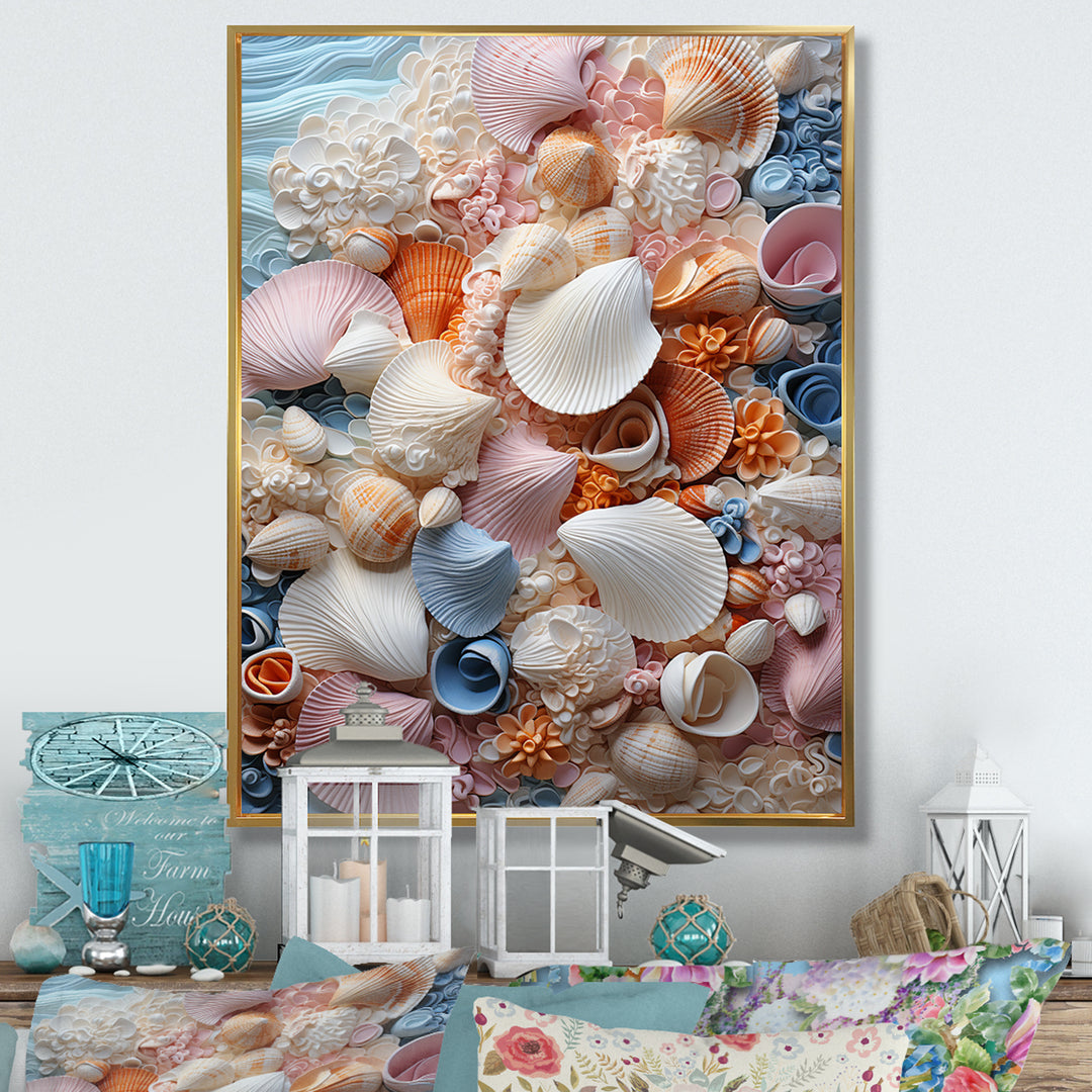 White Seashells Serenity Pastoral - Seashell Living Room Wall Art