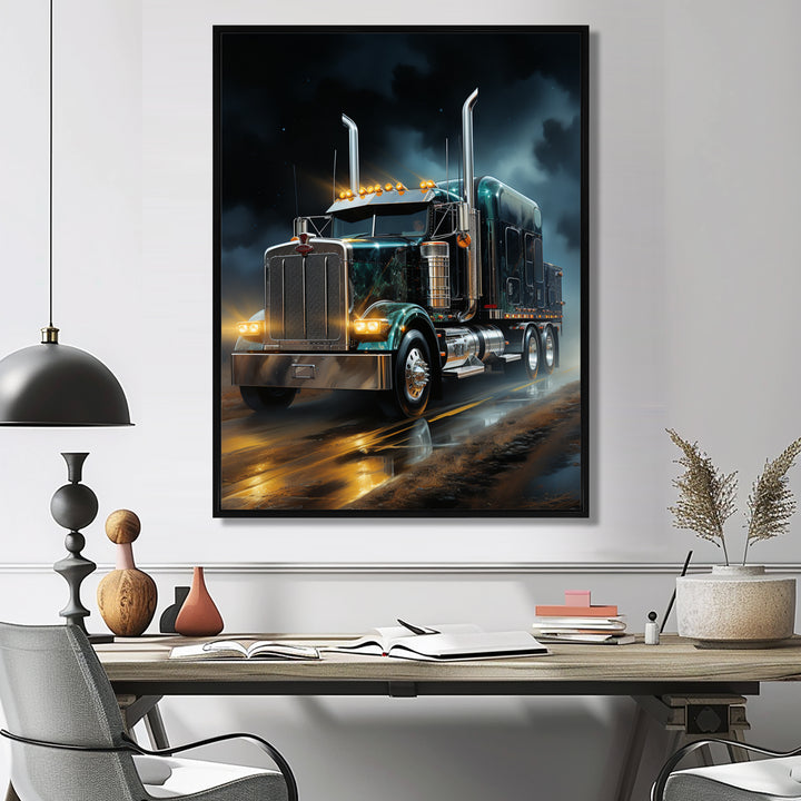 Semi Truck Midnight Cruiser - Truck Canvas Wall Art