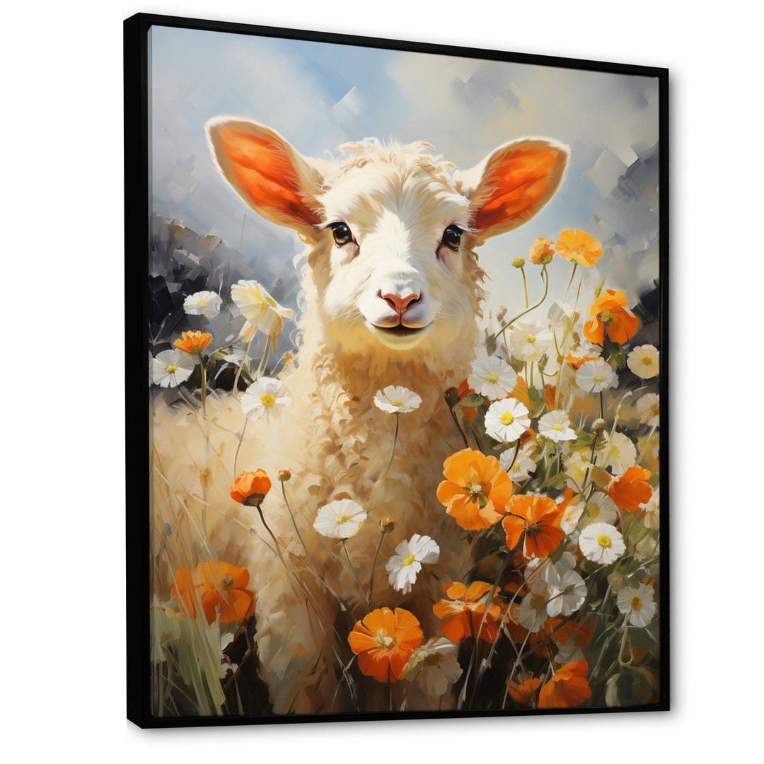 Sheep In Daisies - Sheep Framed Canvas Art