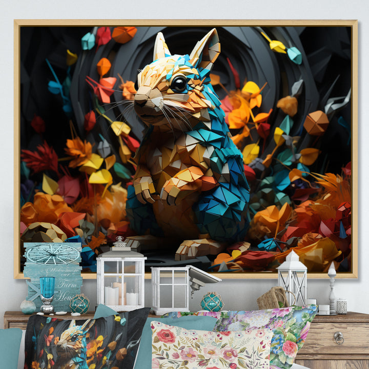 Colorful Squirrel Squirrels Antics Geometric - Squirrel Framed Canvas Art