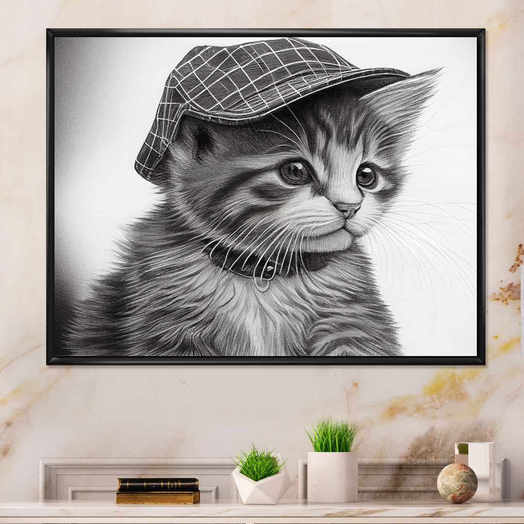 Monochrome Digital Drawing Of Little Kitten - Cat Living Room Wall Art