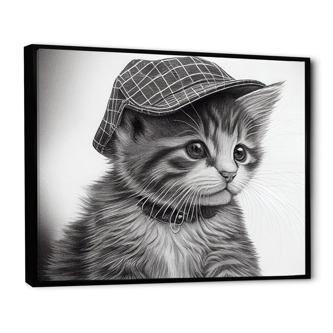 Monochrome Digital Drawing Of Little Kitten - Cat Living Room Wall Art