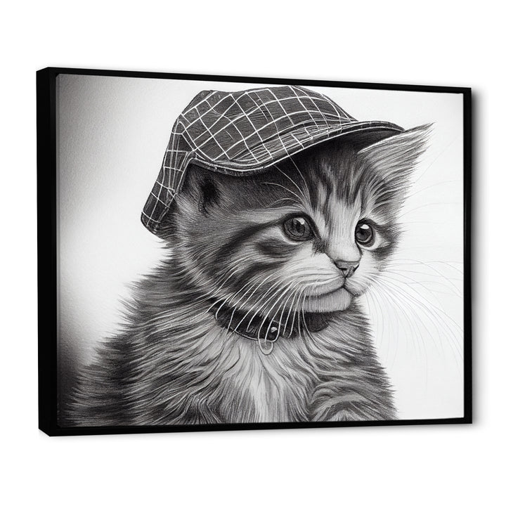 Monochrome Digital Drawing Of Little Kitten - Cat Living Room Wall Art