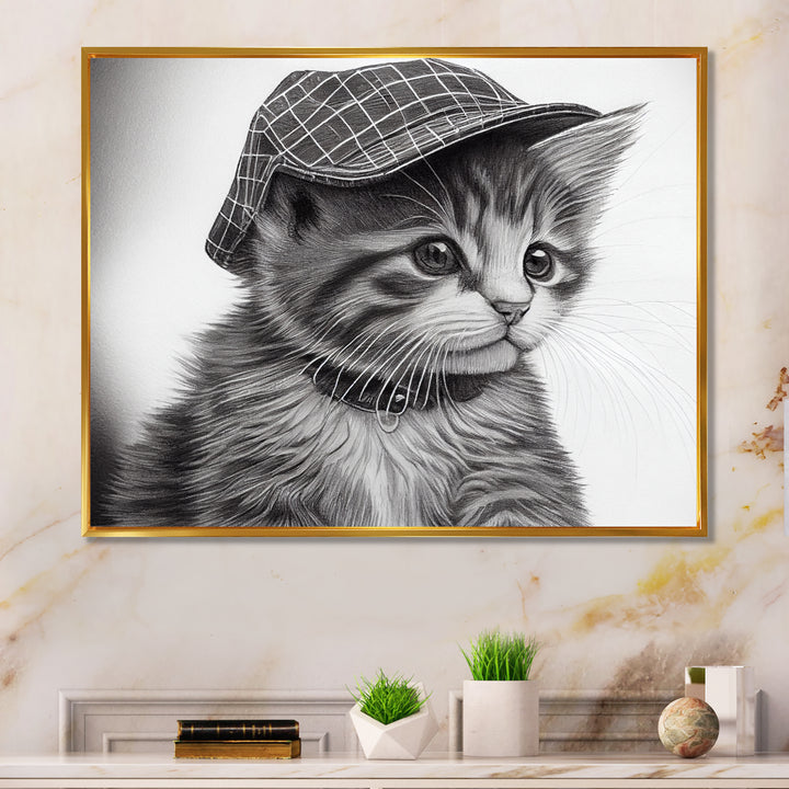 Monochrome Digital Drawing Of Little Kitten - Cat Living Room Wall Art