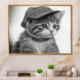Monochrome Digital Drawing Of Little Kitten - Cat Living Room Wall Art