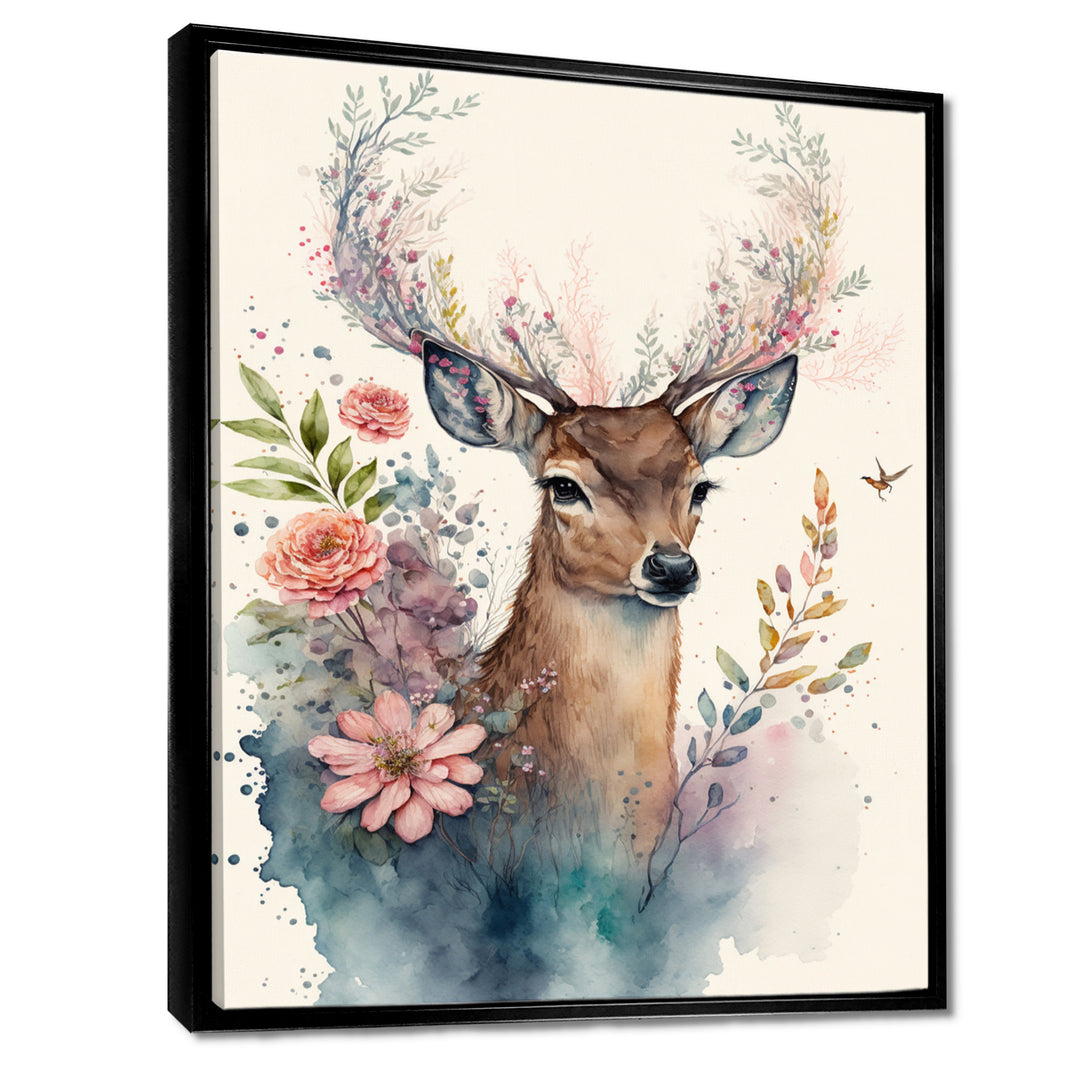 Cute Little Deer With Pink Flowers - Deer Canvas Wall Art