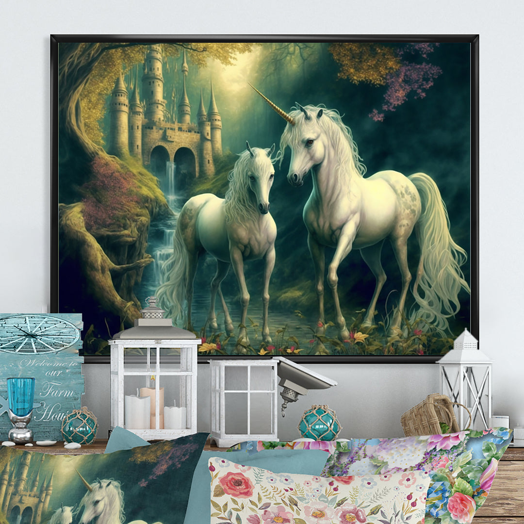 Two Gracious Unicorn In Fantasy Landscape - White Horse Wall Art