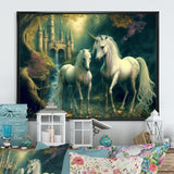 Two Gracious Unicorn In Fantasy Landscape - White Horse Wall Art