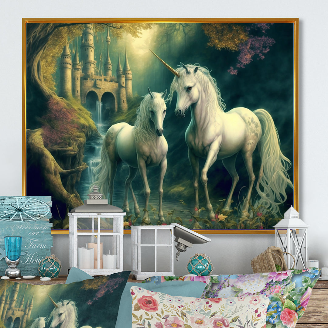 Two Gracious Unicorn In Fantasy Landscape - White Horse Wall Art