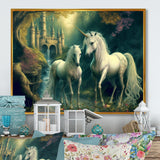 Two Gracious Unicorn In Fantasy Landscape - White Horse Wall Art