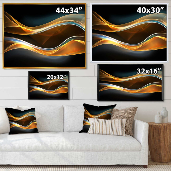3D Gold Waves in Black Framed Print Matte White - 1.5" Width