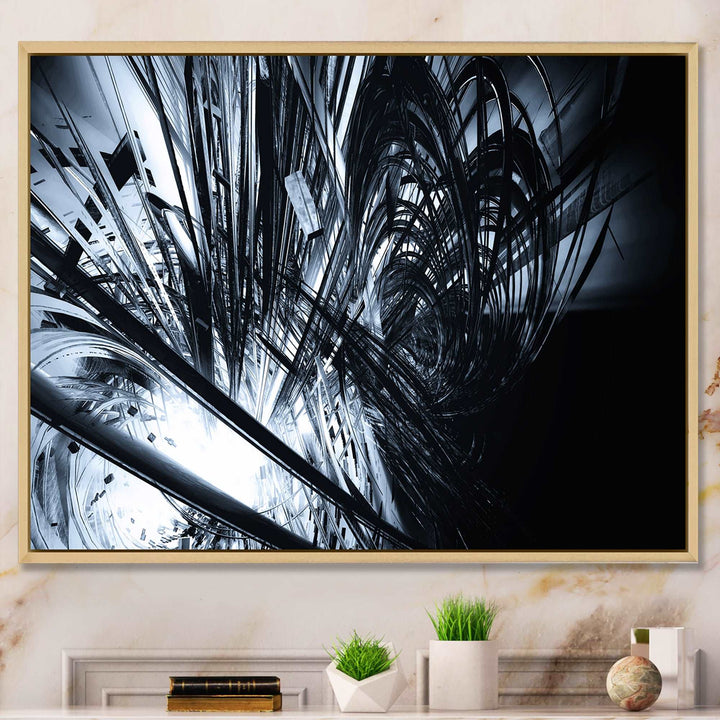 3D Abstract Art Black White Framed Canvas Matte White - 1.5" Thick