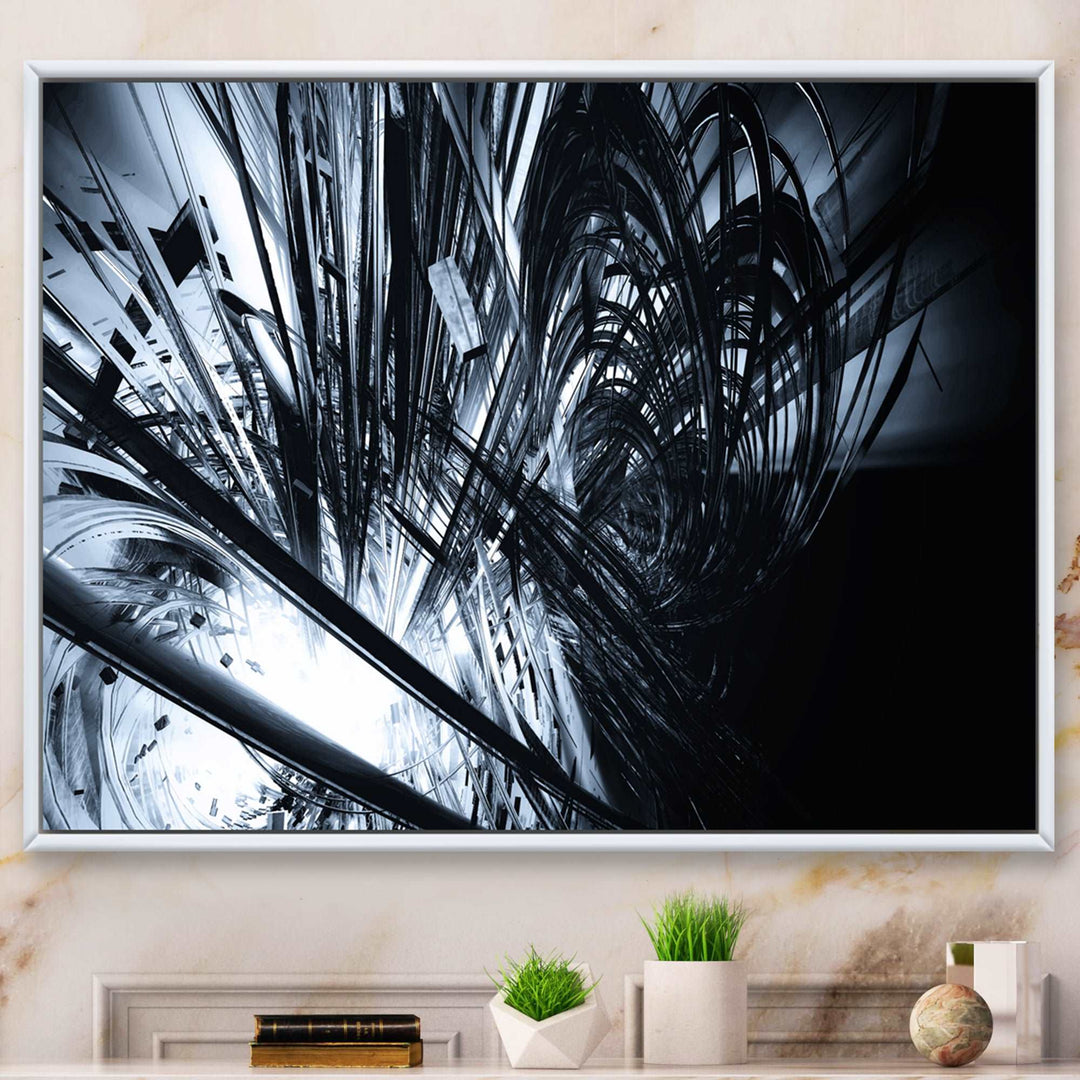 3D Abstract Art Black White Framed Canvas Matte White - 1.5" Thick