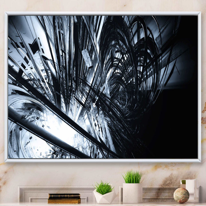 3D Abstract Art Black White Framed Canvas Matte White - 1.5" Thick