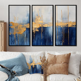Fabric Of Time Abstract Blue And Gold IV - Canvas Multipanels Set of 3