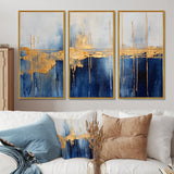 Fabric Of Time Abstract Blue And Gold IV - Canvas Multipanels Set of 3