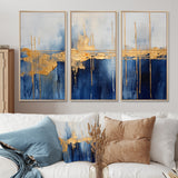 Fabric Of Time Abstract Blue And Gold IV - Canvas Multipanels Set of 3