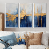 Fabric Of Time Abstract Blue And Gold IV - Canvas Multipanels Set of 3