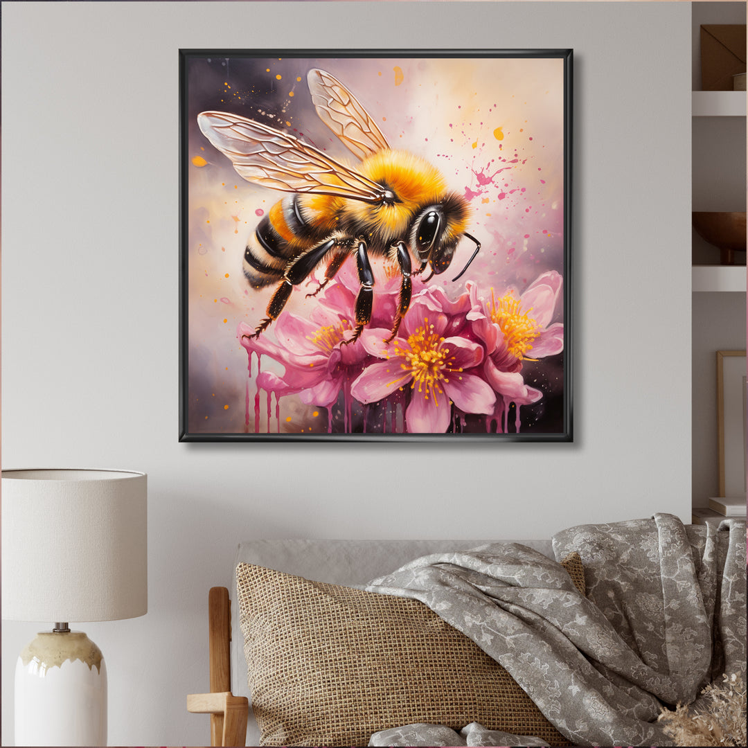 Bumble Bee On Pink Flower Painting - Bee Canvas Wall Art
