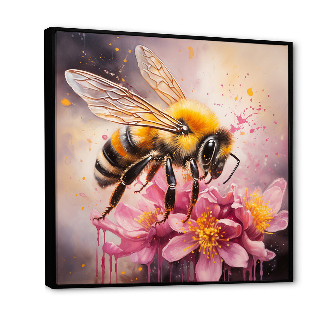 Bumble Bee On Pink Flower Painting - Bee Canvas Wall Art