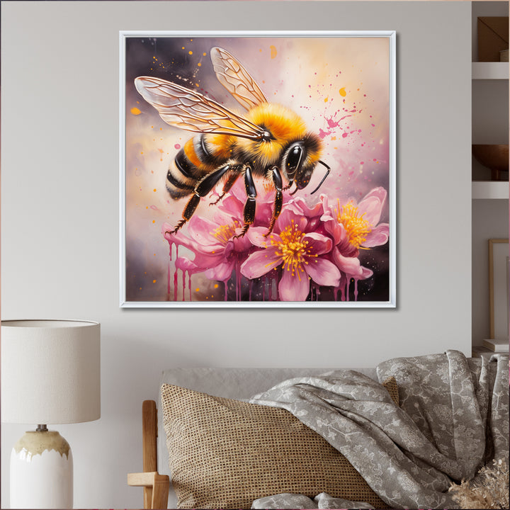 Bumble Bee On Pink Flower Painting - Bee Canvas Wall Art