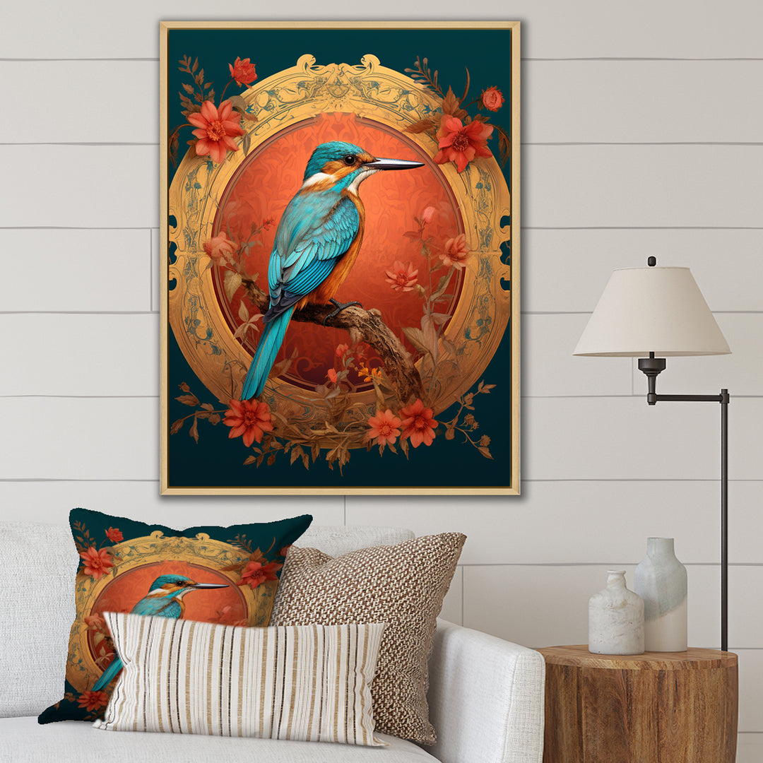 Blue Kingfisher Retro Illustration - Bird Canvas Wall Art