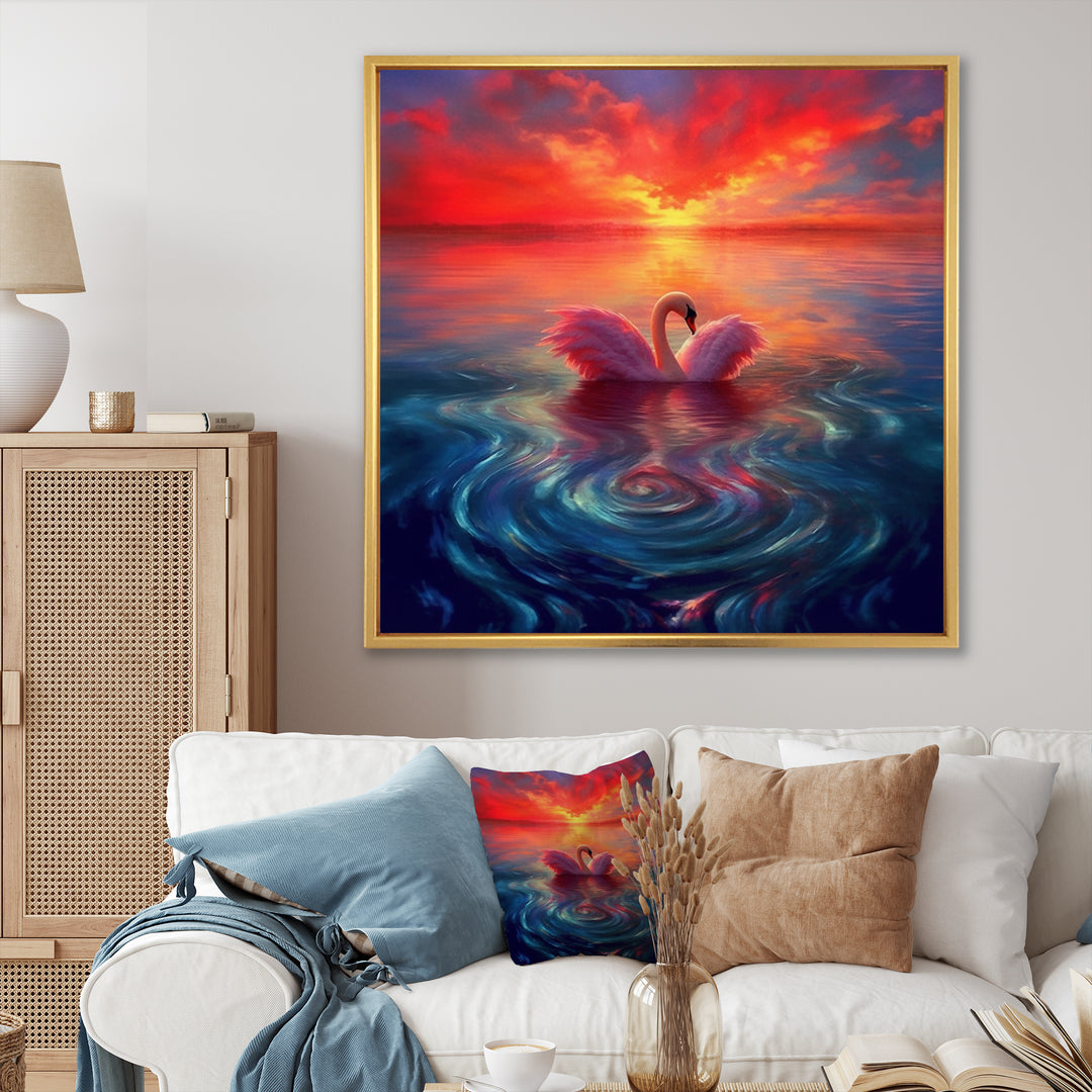 Pink Swan Reflection At Majestic Sunset - Yellow Swans Wall Art