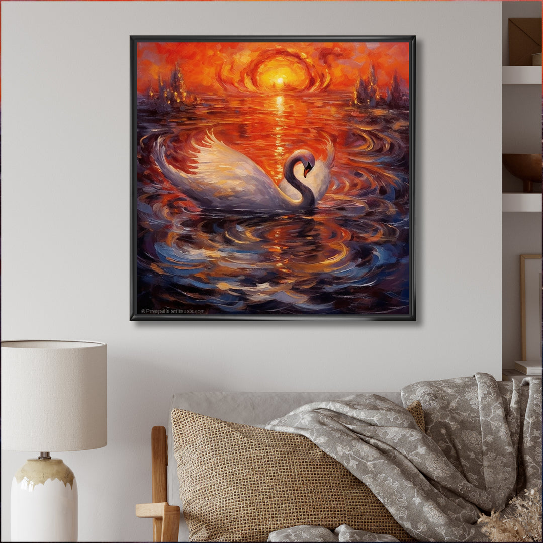 White Swan At Majestic Sunset - Swans Framed Canvas Art