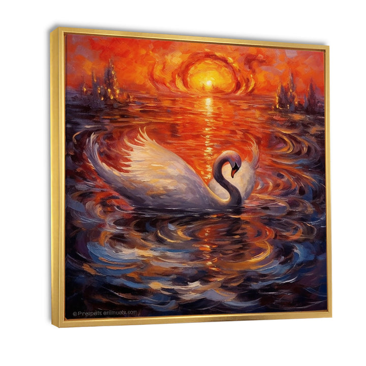 White Swan At Majestic Sunset - Swans Framed Canvas Art