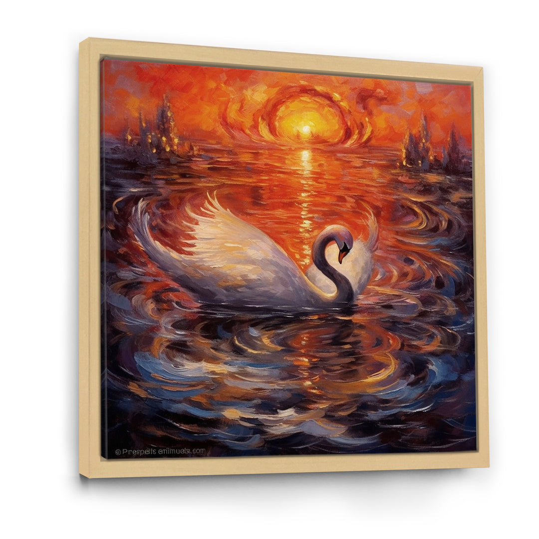 White Swan At Majestic Sunset - Swans Framed Canvas Art
