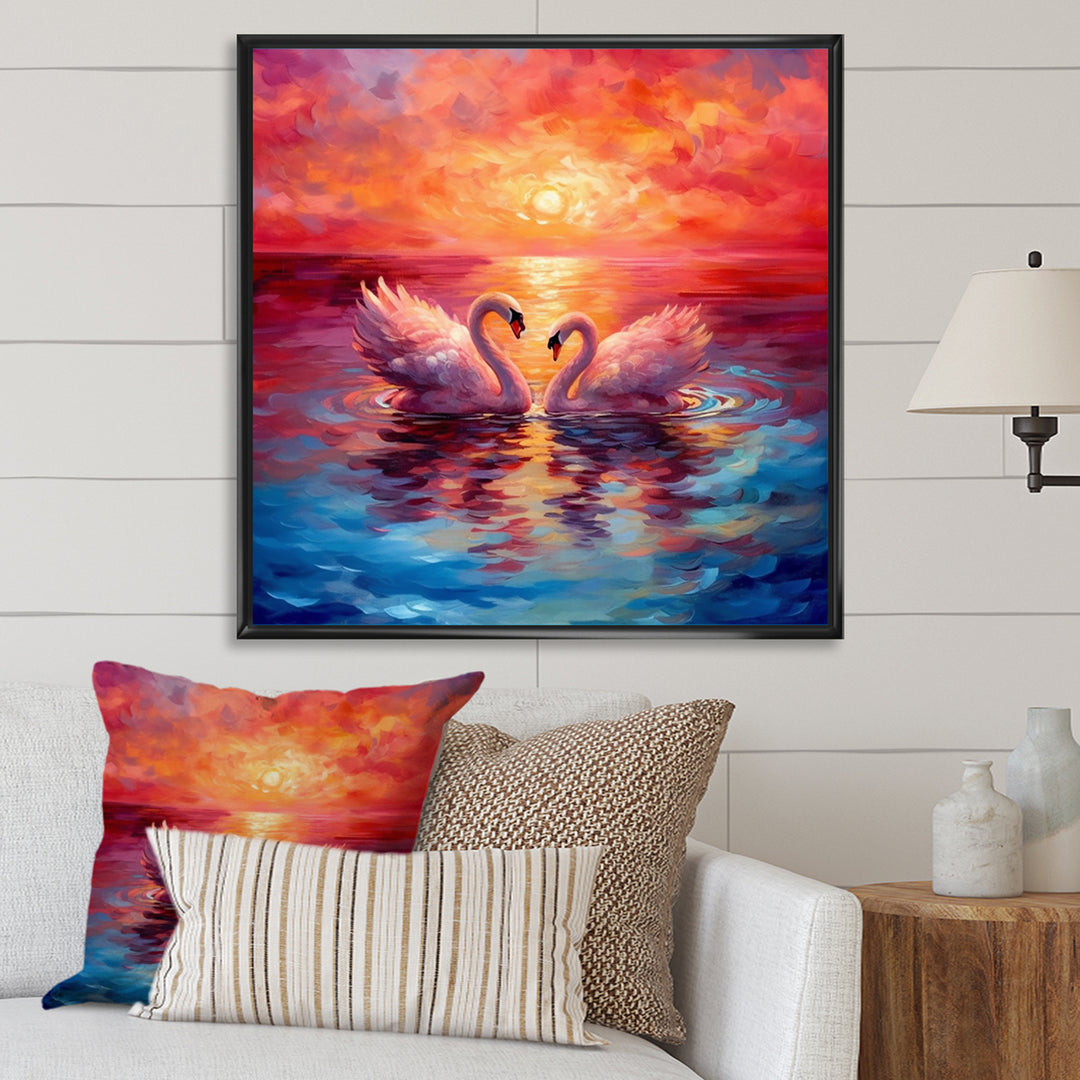 Swans In Love Reflection At Majestic Sunset - Swans Large Canvas Wall Art