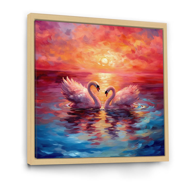 Swans In Love Reflection At Majestic Sunset - Swans Large Canvas Wall Art